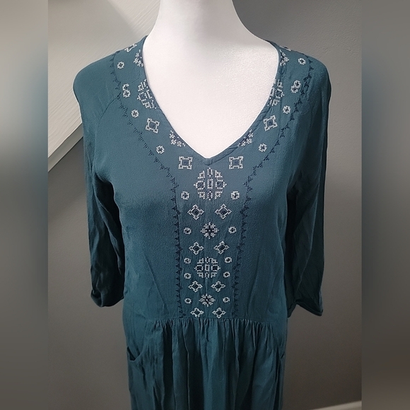 Garnet Hill Dress Womens 4 Teal Green Embroidered Boho Pockets - Picture 2 of 7
